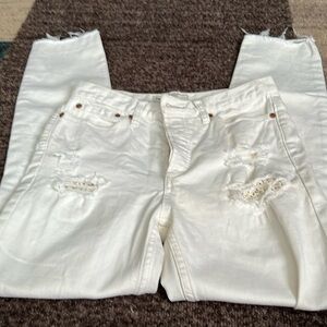 Free People 26 Cream colored Button Fly Distressed  skinny jeans